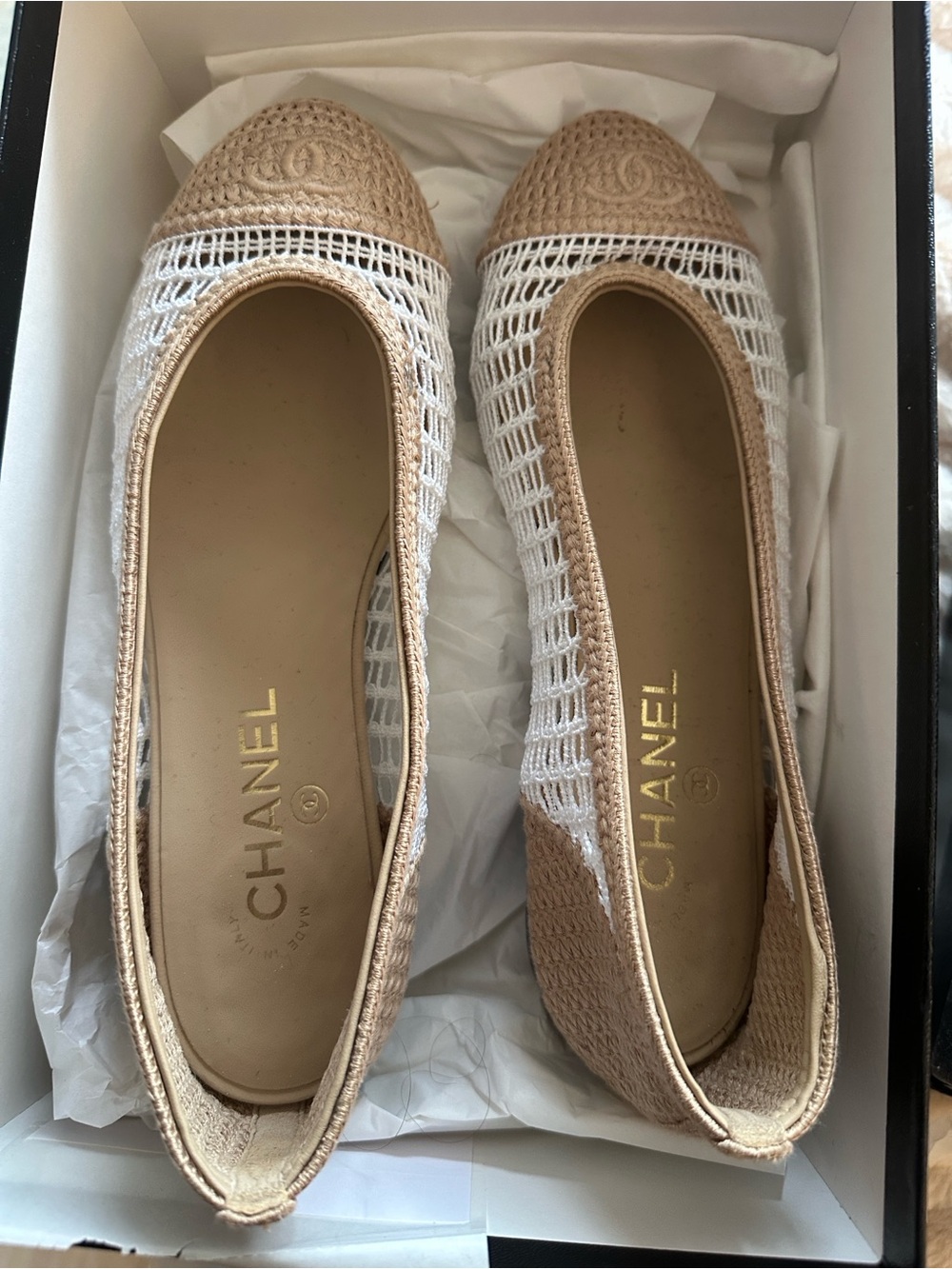 CHANEL Beige and White Crochet Cap-Toe Ballet Flats